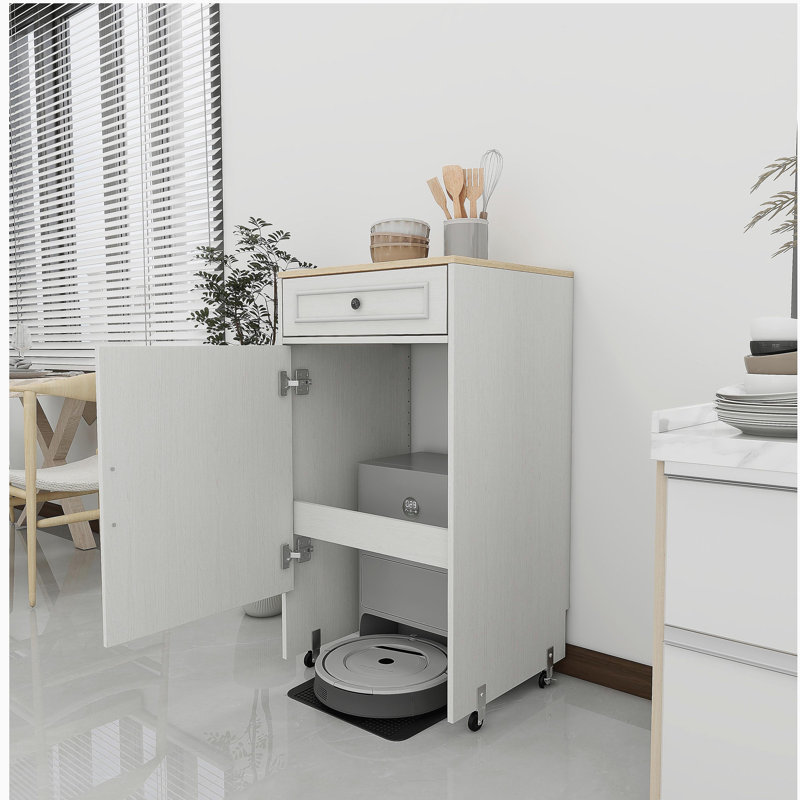 Robot aspirateur avec roulettes, support de rangement pour robot avec portes et tiroirs, table d'appoint pour salon, bureau personnel, cuisine - blanc antique