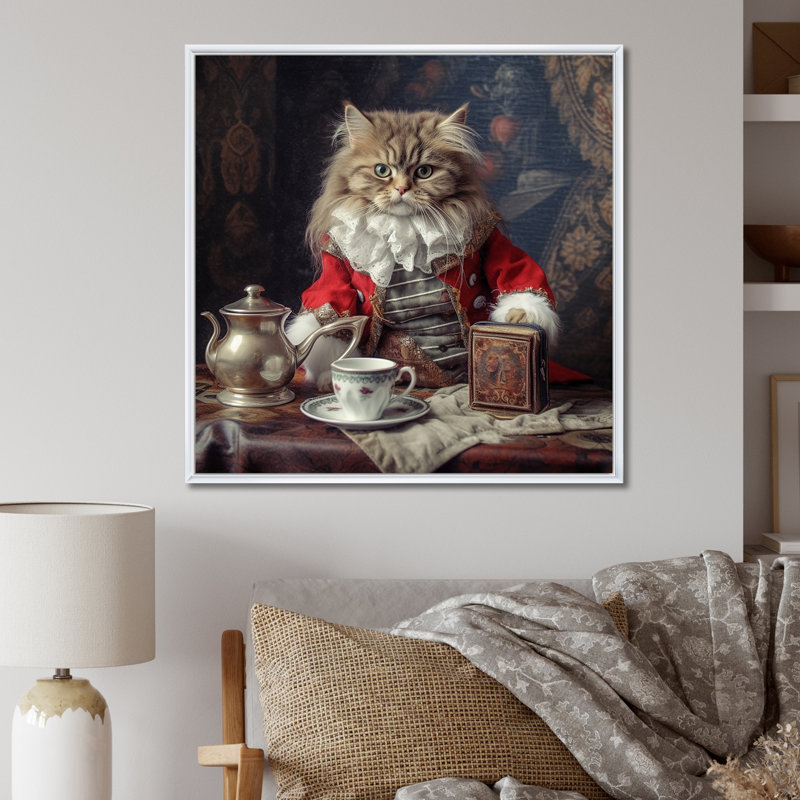 Chat blanc sibérien en costume élégant sur toile, H 36 po x l 36 po x P 1,5 po, Cadre flottant blanc