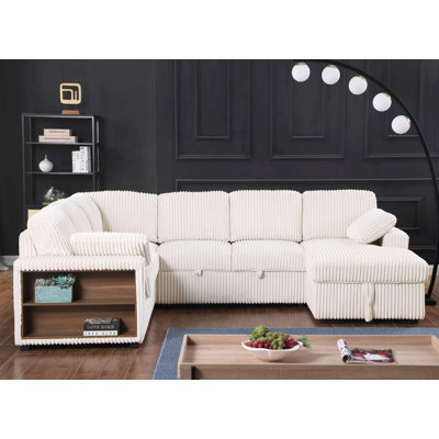 Canapé-lit modulaire avec lit escamotable Lit convertible moelleux en velours côtelé avec rangement et accoudoirs de rangement