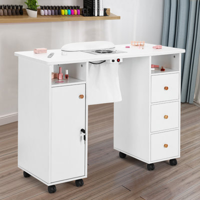 Hokku Designs Nail Beauty Manicure Desk With Storage Drawers, Nail Tech Table Station With Electric Downdraft Vent, Wrist Cushion, Lockable Wheels -  9F29B5B53DC949D28CAD2F6B92A8A4C0