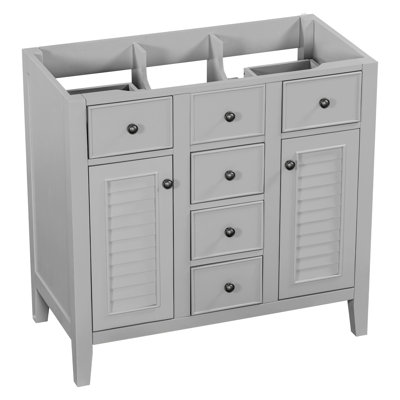 Meuble-lavabo 36 po sans lavabo, base d'armoire seulement, deux armoires et cinq tiroirs, structure en bois massif, gris