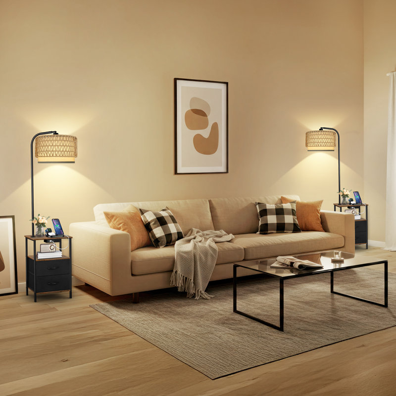 Lampe sur pied 63,19 "avec table et table de bout à double abat-jour en osier télécommandée, Noir / brun