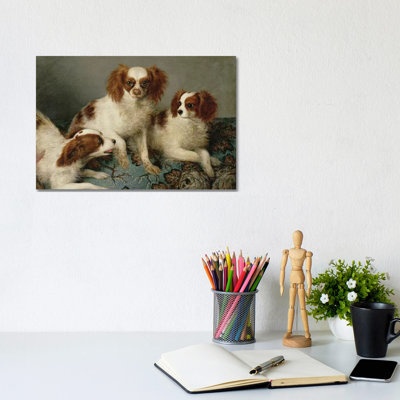 Three Cavalier King Charles Spaniels On A Rug by English School - Wrapped Canvas Painting