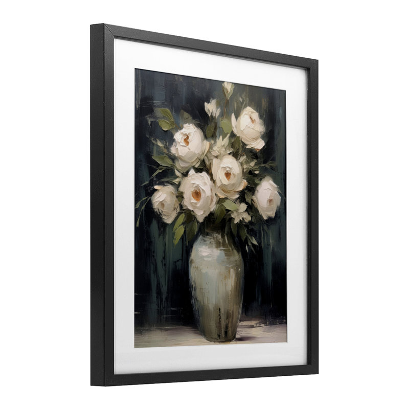 Roses blanches dans un vase foncé, reproduction encadrée sous verre, design par LSR Creative Studio, Cadre noir minuit