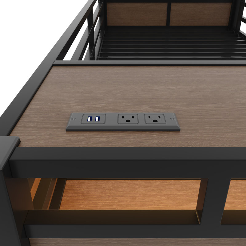 Lit superposé simple au-dessus d'un lit simple en métal avec bande lumineuse à DEL et multiprise USB