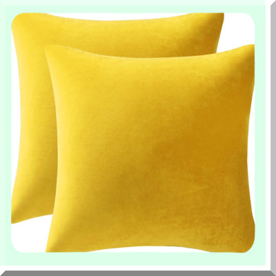 Yellow Velvet Farmhouse Pillow Covers - Square Throw Cases (2 Pack) Soft Cozy Home Decor