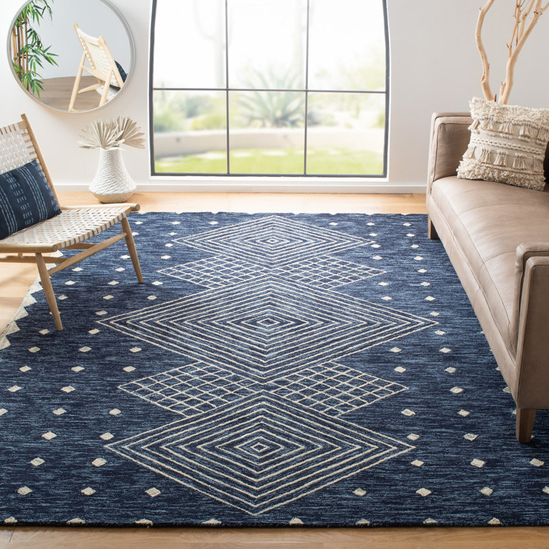 Tapis bleu / ivoire en laine / coton touffeté à la main Micro-Loop, Rectangle 4 pi x 6 pi