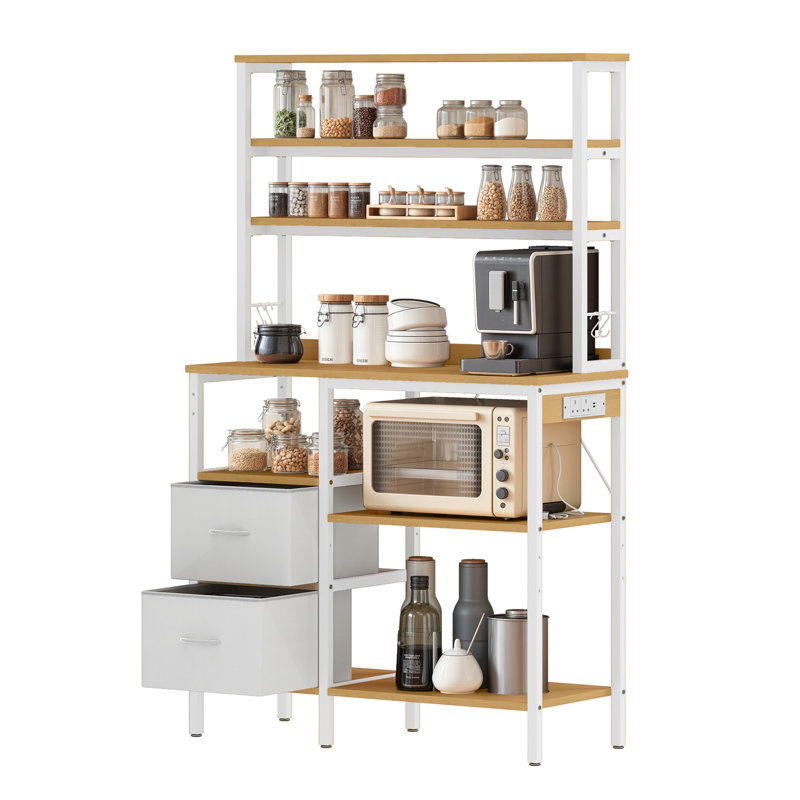  6-Tier Baker's Rack with Power Outlet, 2 AC Outlets 2 USB Ports, 100cm W Microwave Stand with 2 Drawers and 4 Hooks