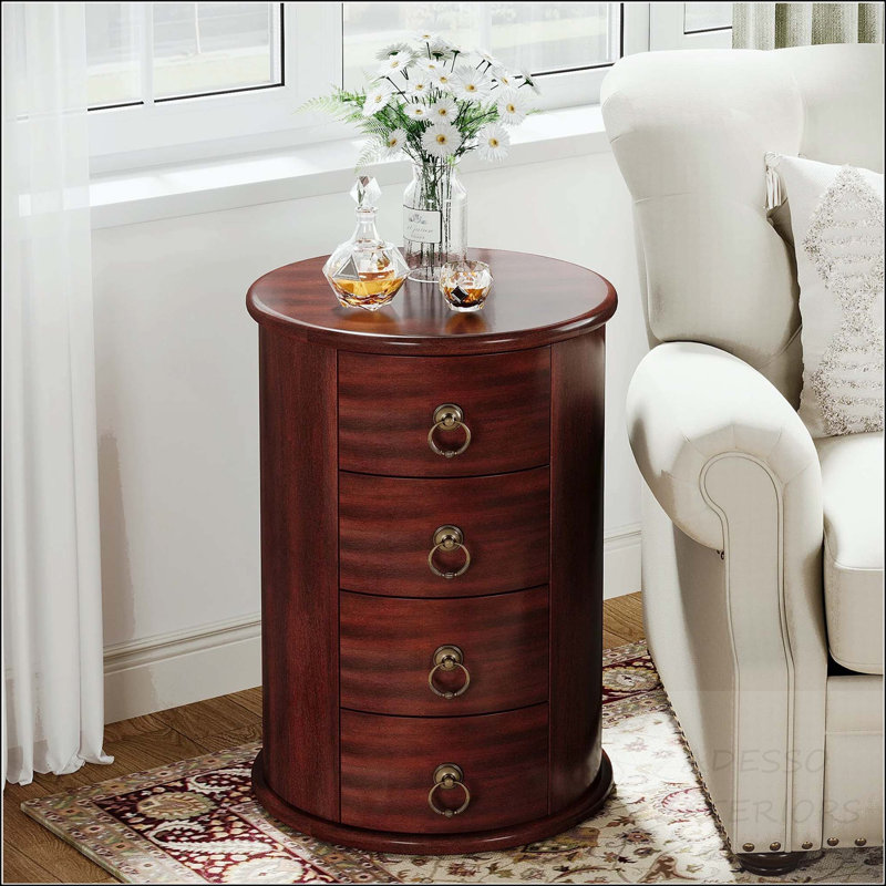 Table de bout ronde en bois massif avec 4 tiroirs (aucun assemblage requis)