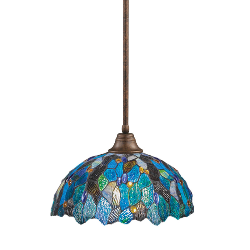 Stem Hung Pendant With Glass, Bronze, 14.75", Blue Mosaic Tiffany Glass