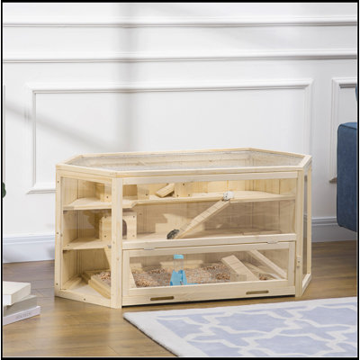 Cage à hamster en bois pour petits animaux avec 3 niveaux avec plateau, balançoires, bouteille d'eau