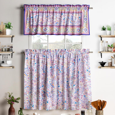 Maison d' Hermine Kitchen Curtains Sets for Windows 100% Cotton Set of Kitchen Curtains Valances for Home [2 Tiers (28"X36") and 1 Valance (56"X18")] Cafe Valentines Day Gifts (Indian Floral)