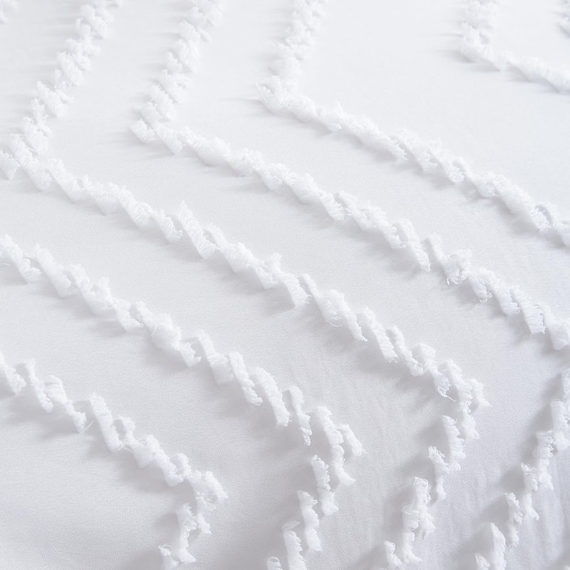 Embroidery Shabby Chic Duvet Cover Set Wave Pattern Microfiber Boho Comforter Cover Set, White