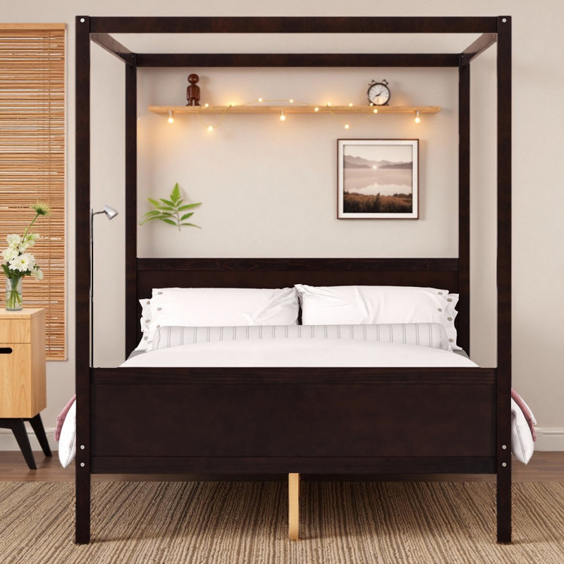 Queen Size Wooden Canopy Platform Bed Frame with Headboard, Footboard and Underbed Storage, Brown
