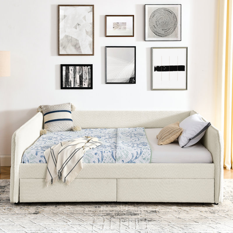 Grand lit tapissier avec lit gigogne et 2 tiroirs de rangement, tissu bouclé beige, 88 po x 65,5 po x 29,5 po, rayures verticales, mousse douce pour le confort, rangement facile pour le flux de travail, matériau,