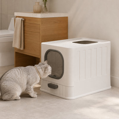 Bac à litière pliable pour chat fermé avec plateau coulissant, double entrée et bac à litière