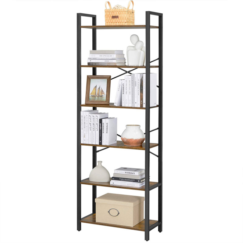 6 Tier Bookcase With Steel Frame, 186cm H x 66cm W x 30cm D, Rustic Brown/Black