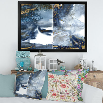 «Dark Blue and Gold Abstract Waves IV», peinture sur toile encadrée