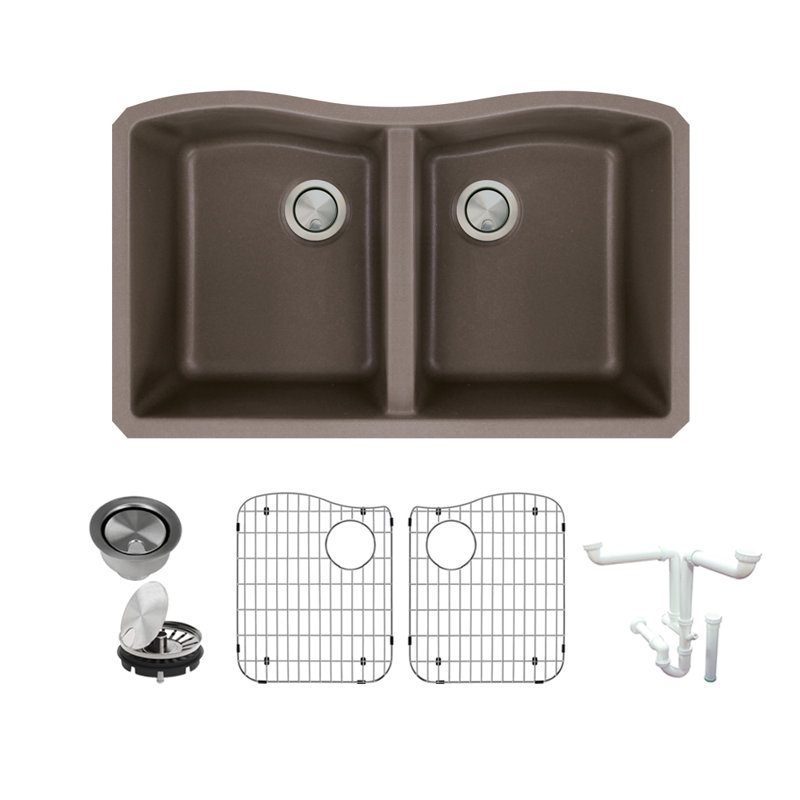 Évier de cuisine à double cuve avec filtre à panier en granite 32 po x l 19 po Aversa, Espresso