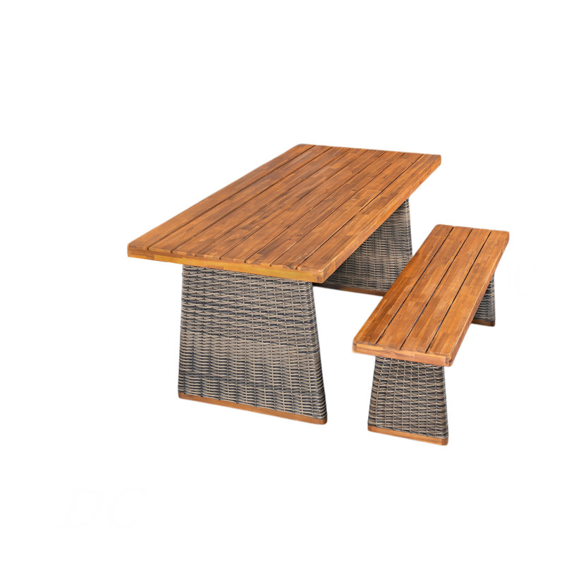 Outdoor Acacia Wood Dining Table Set With 1 Table And 1 Bench,Grey, 2 Pieces: Table, Bench, Teak/Gray