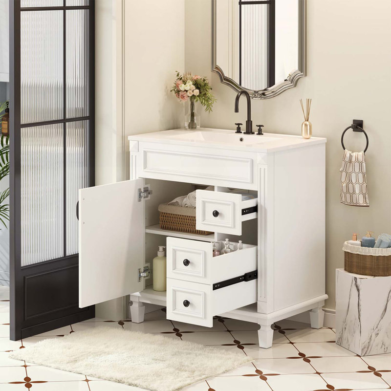 Meuble-lavabo avec lavabo en céramique, 2 tiroirs et tablette réglable, Blanc