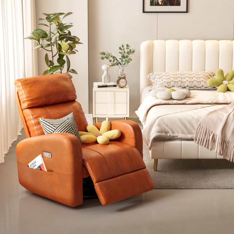 Fauteuil inclinable électrique pivotant Khamille, Cuir brun sellier