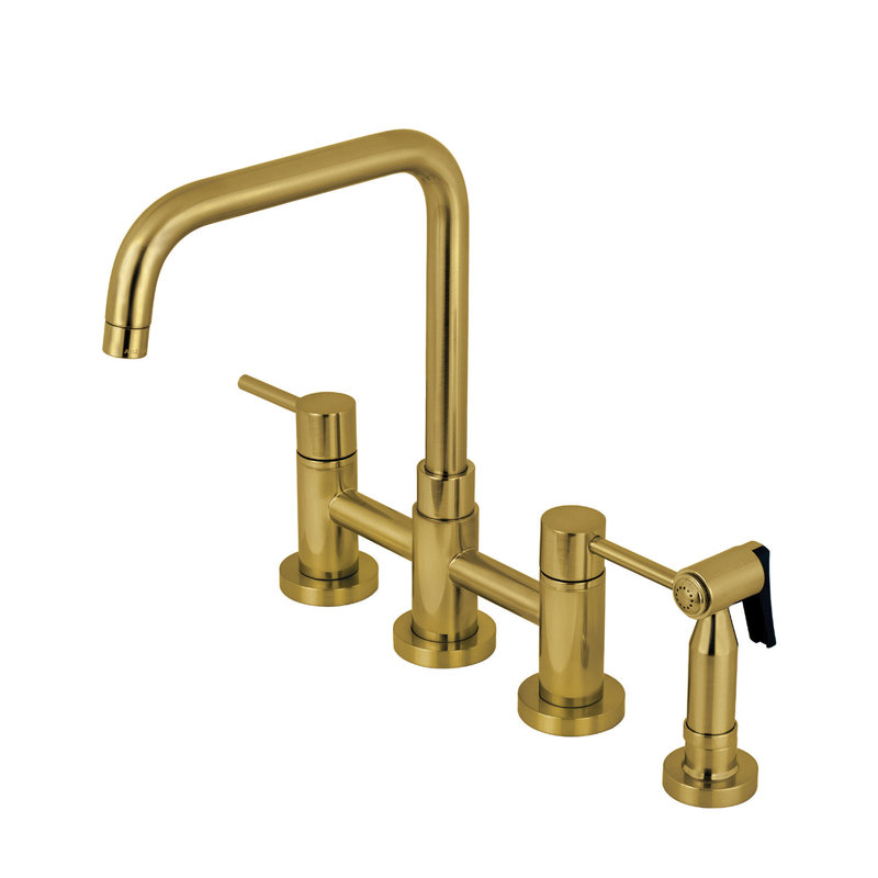 Kingston Brass Concord Two-Handle 4-Hole Deck Mount Bridge Kitchen Faucet with Brass Side Sprayer, Brushed Brass