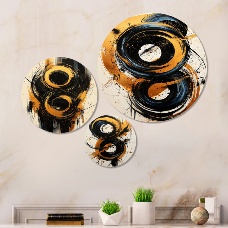 Abstrait cercle en tons de bleu et d'or I - impression géométrique murale en métal 3 pièces