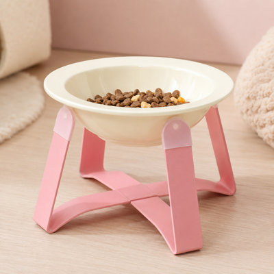 Bol surélevé en céramique pour chat avec support en métal antidérapant, bol surélevé à eau et à nourriture pour chats d'intérieur, chatons et petits chiens, 3 options de couleur / support en métal rose de style 6,14 x 5,5 x 4 po blanc