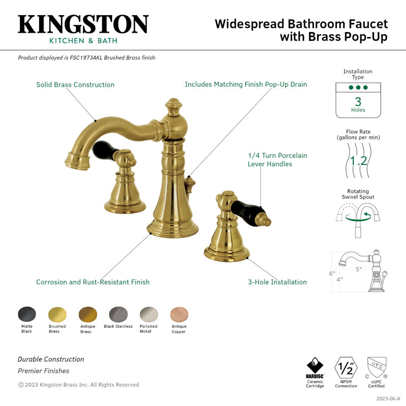 Kingston Brass Duchess Two-Handle 3-Hole Deck Mount Widespread Bathroom Faucet with Pop-Up Drain, Black Stainless