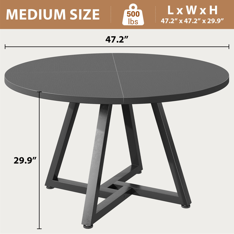 47IN Black Round Dining Table: Pedestal Metal Frame, Space-Saving Industrial Style, 30"H x 51"L x 51"W, Black