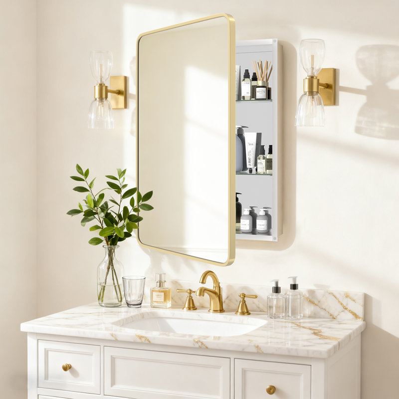 Armoire à pharmacie en aluminium avec miroir, H 36 po x l 24 po x P 3,8 po, Doré