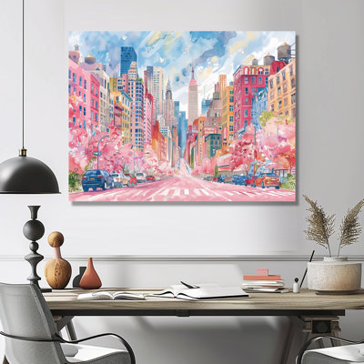 Rose, bleu, bâtiments de New York en été - salon d'art mural de New York