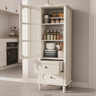 Buffet minimaliste blanc crème avec portes en verre et double tiroir