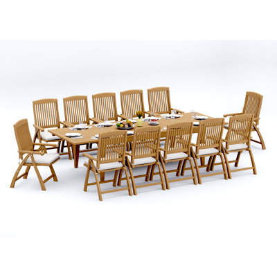 Ensemble de salle à manger 9 pièces en bois de teck de qualité A: table rectangulaire à double extension Caranas de 122 po et 8 chaises à accoudoirs inclinables et pliables Marley # 11MR2908