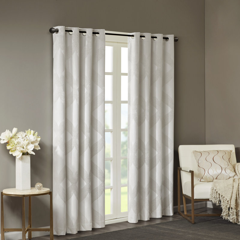 Bentley Ogee Knitted Jacquard Geometric Total Blackout Single Curtain Panel, Ivory, 50"W x 84"L