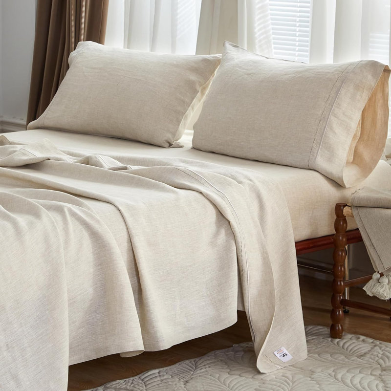 100% French Linen Sheet Set Breathable Durable For Hot Sleepers Bedding 4 Pcs - 1 Flat Sheet,1 Fitted Sheet,2 Pillowcases