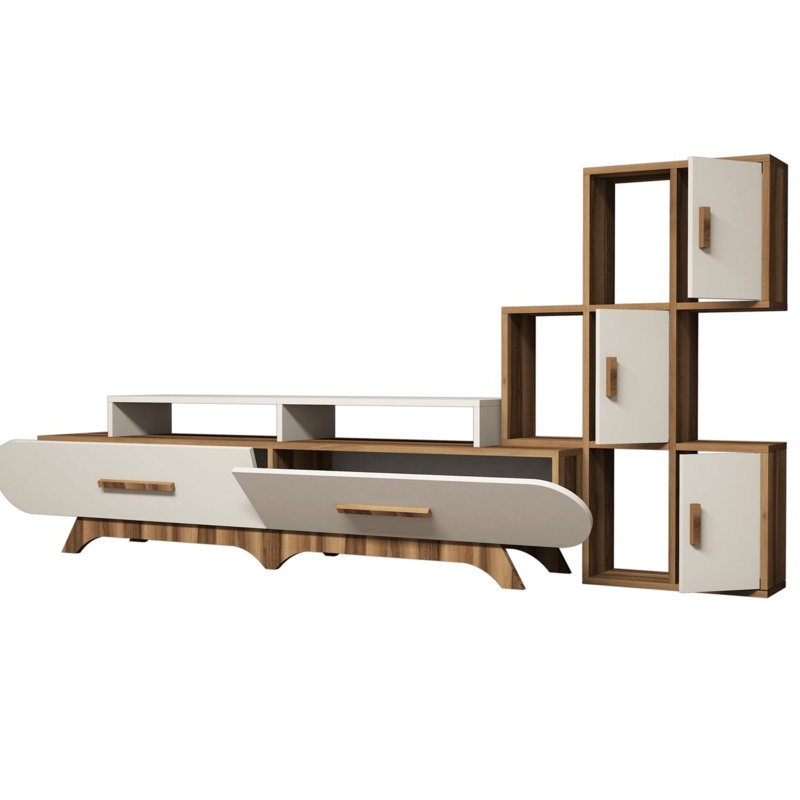 Modern TV Unit with Wall Shelf, Walnut & Cream, 80.7 x 19.7 x 14.5 inches | 100% Melamine Coated Particle Board, Thickness: 0.7 inches | Numerous Shelves, Wall-Mountable, Stylish Design for Living Room Entertainment