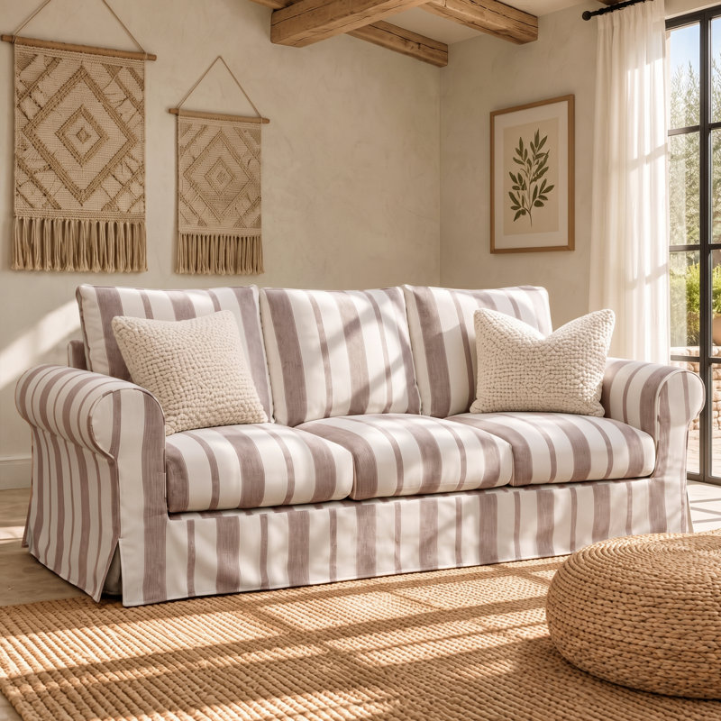 Canapé 3 places de 226 cm de large, canapé moderne à rayures pour salon, Cream Beige Stripe