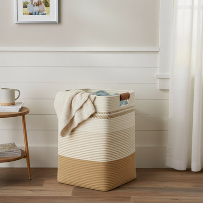 Cotton Woven Laundry Hamper with Leather Handles