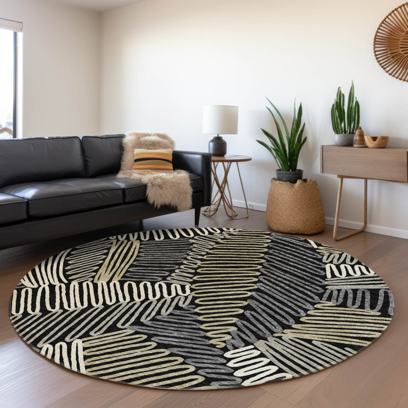 Premium Machine Washable Prisco Black Rug, Round 8'
