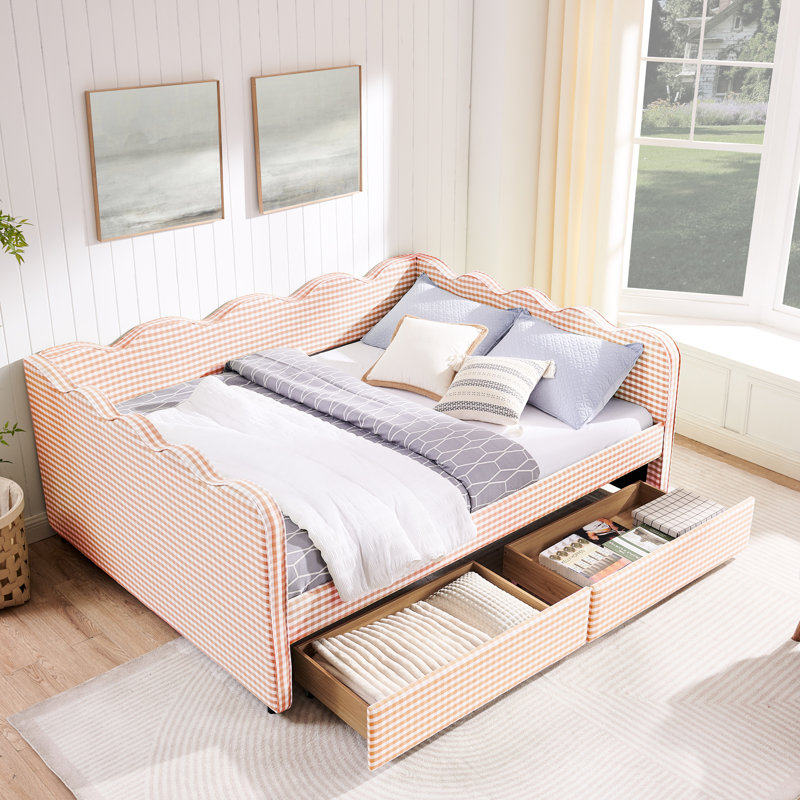 Lit de jour grand format en tissu de lin, motif ondulé, deux tiroirs de rangement, port, pour lit confortable, Rose