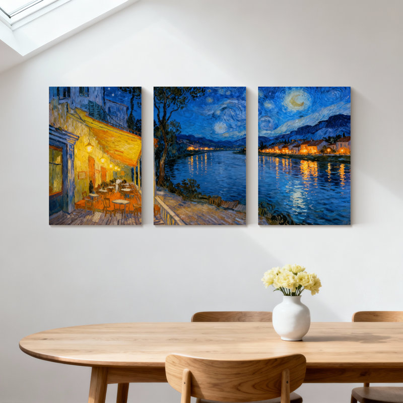 Abstrait, nuit étoilée, café, terrasse, scène de rivière, ensemble de 3 impressions sur toile, H 18 po x l 36 po
