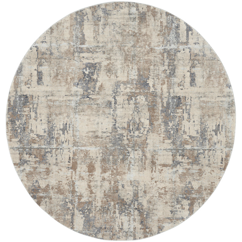 Round Grey and Beige Abstract Synthetic Area Rug