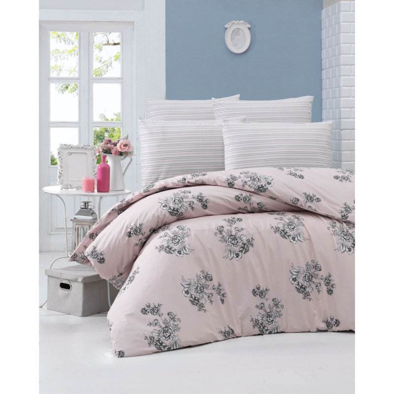 Ensemble de housse de couette 100% coton Jarrow, Rose poudré, Housse de couette très grand + 2 taies d'oreiller