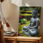 Toile, statue de Bouddha sereine posée dans une pose méditative sur un mur, galets noirs lisses entourés de mousse verte vibrante et art mural sur toile colorée-1231582637