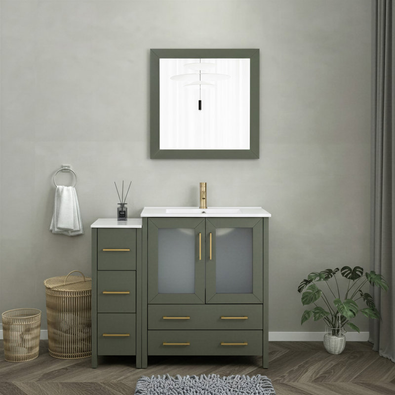 Meuble-lavabo simple 42 po avec plateau et miroir, Vert rétro / or brossé
