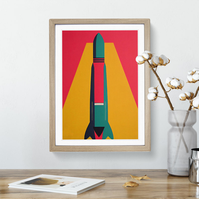 Artistic Spaceship Rocket No.5 - Wall Art, 34cm H x 25cm W, Oak Framed