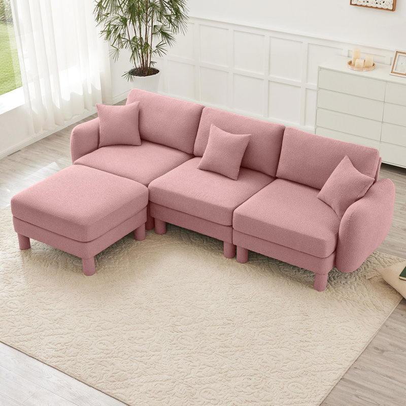 Canapé 3 places en tissu bouclé rose en forme de L convertible, rembourrage de ressort élégant incurvé, amovible et dense pour le confort