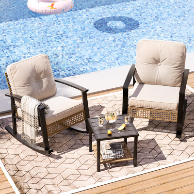 3-piece Rocking Bistro Set,patio Wicker Rocker With Cushions, Outdoor Patio Furniture For Garden, Balcony, Backyard